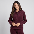 Deep burgundy cotton corduroy chore jacket with a boxy fit, button-front closure, and two large patch pockets.