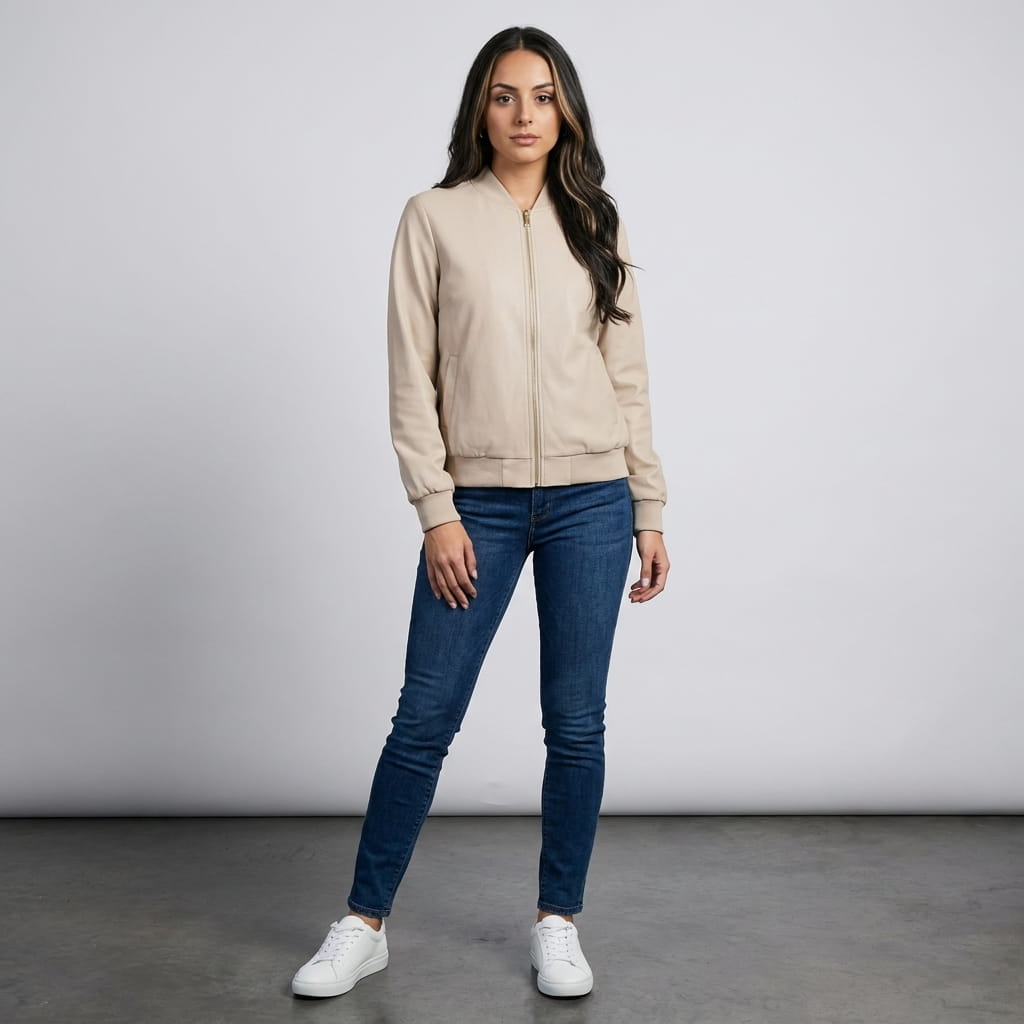 Female model wearing the cream beige jacket with blue jeans and white sneakers.