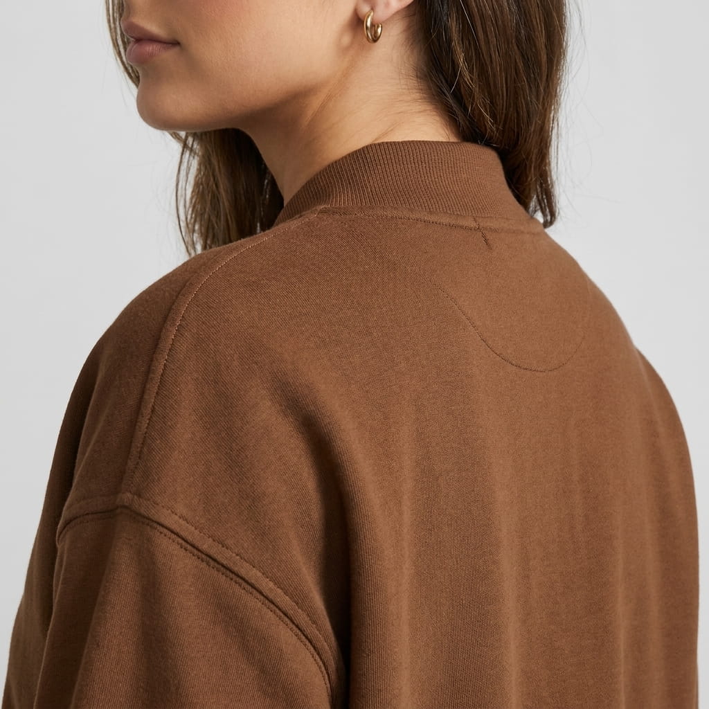 Detailed view of the brown jacket, highlighting the stand collar and smooth textured fabric.