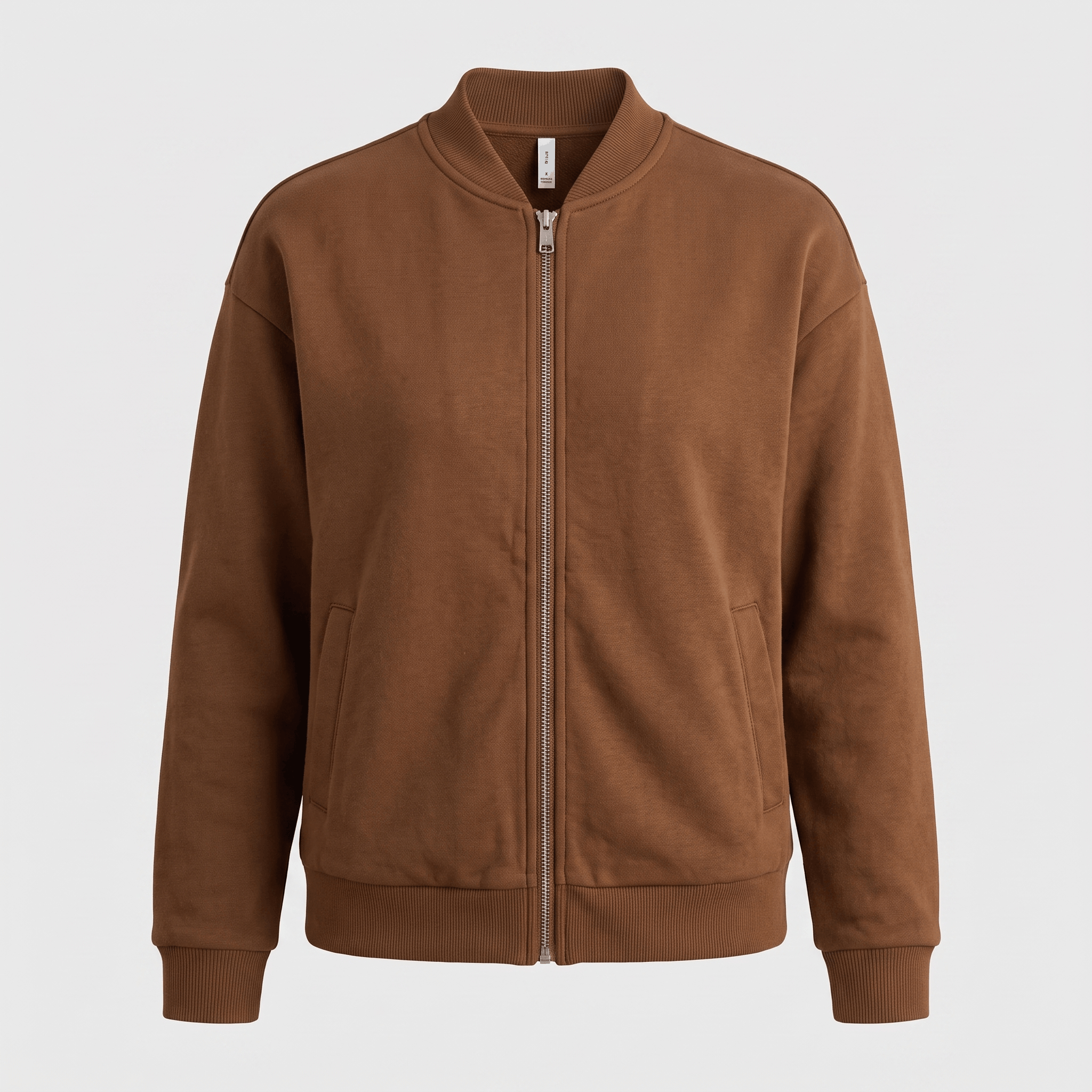 Brown zip-up jacket with a stand collar, full front zipper, side pockets, and ribbed cuffs and hem.
