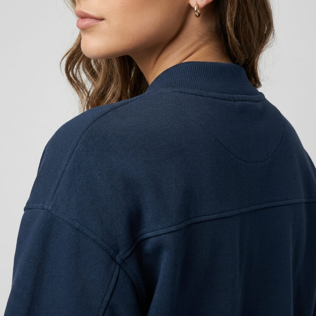 Detailed back and shoulder view of the navy blue jacket, highlighting the stand collar and seam details.