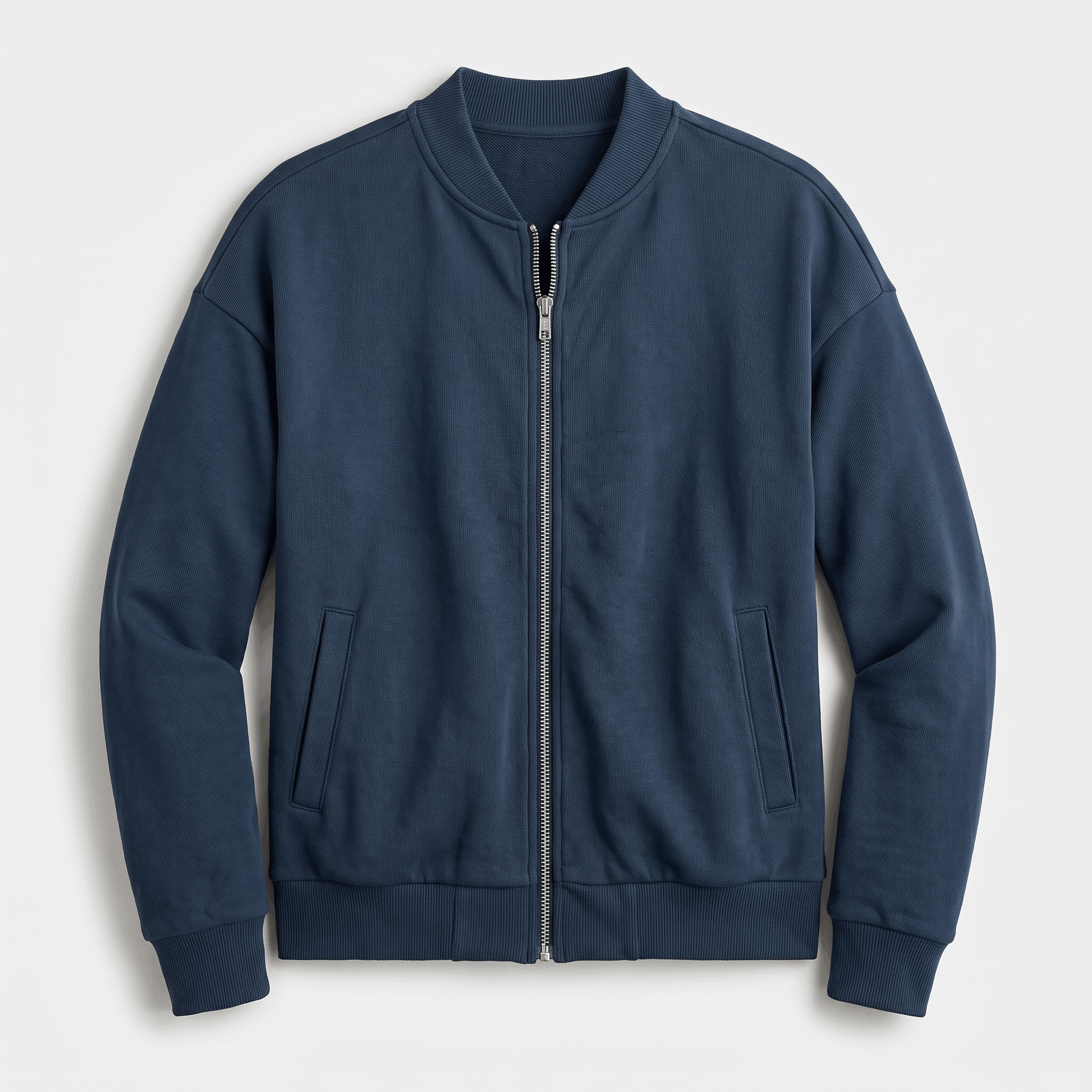 Navy blue zip-up jacket with a stand collar, full front zipper, side pockets, and ribbed cuffs and hem.