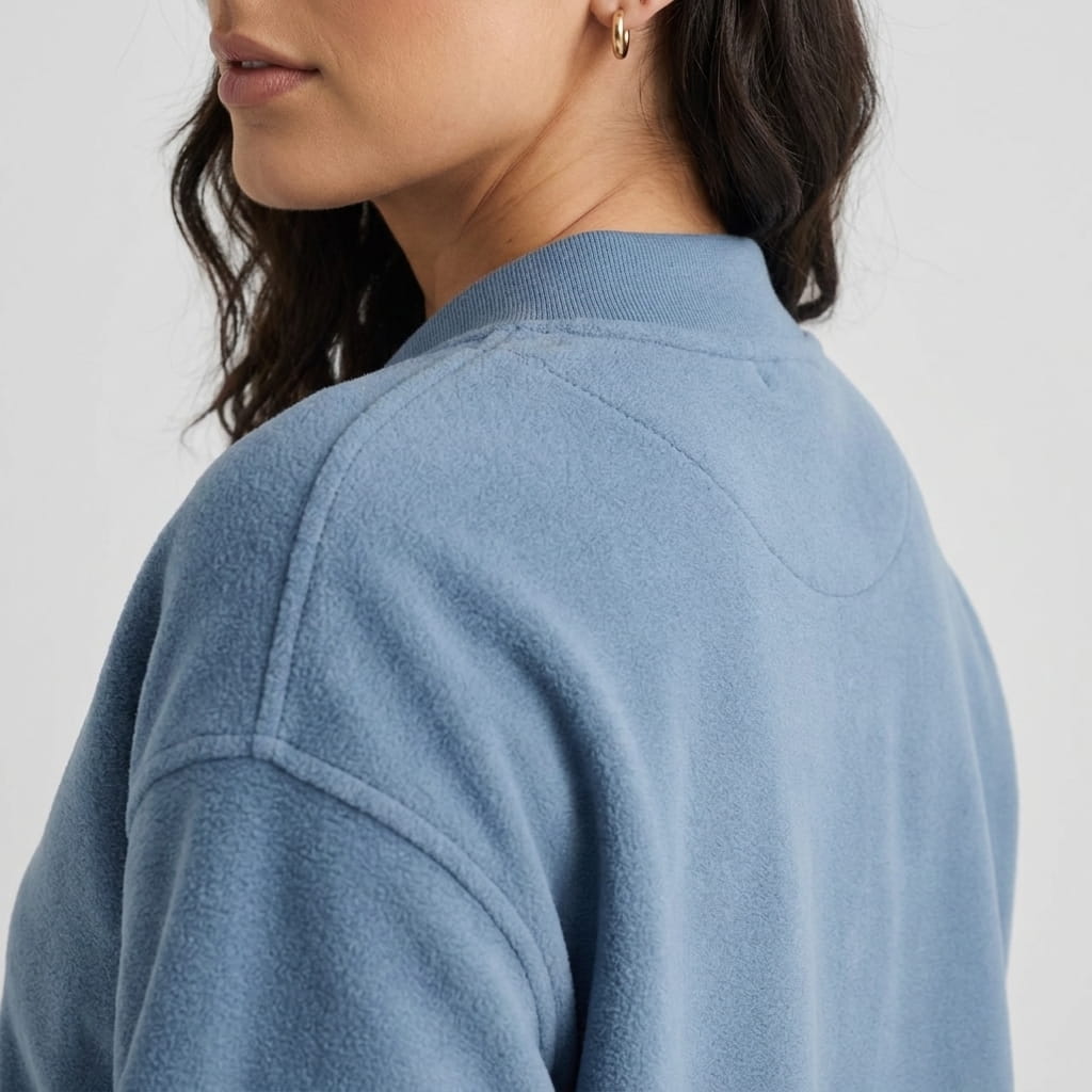 Detailed back and shoulder view of the light blue jacket, highlighting the collar and smooth fabric.