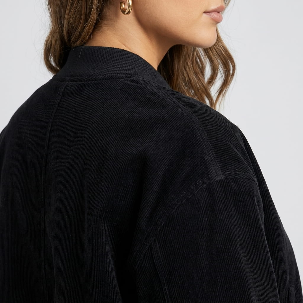 Detailed back and shoulder view of the black jacket, highlighting the stand collar and textured fabric.