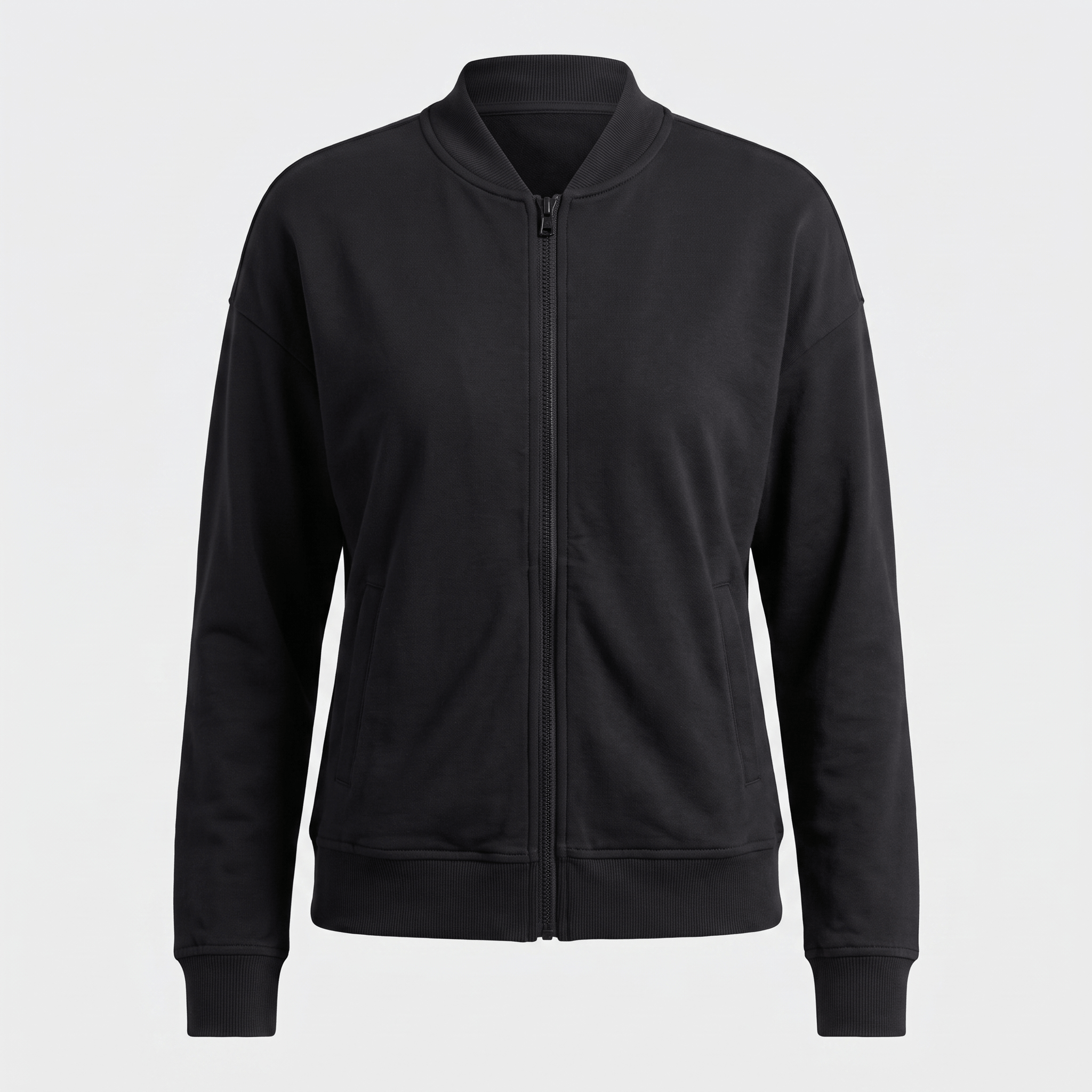 Black zip-up jacket with a stand collar, full front zipper, side pockets, and ribbed cuffs and hem.