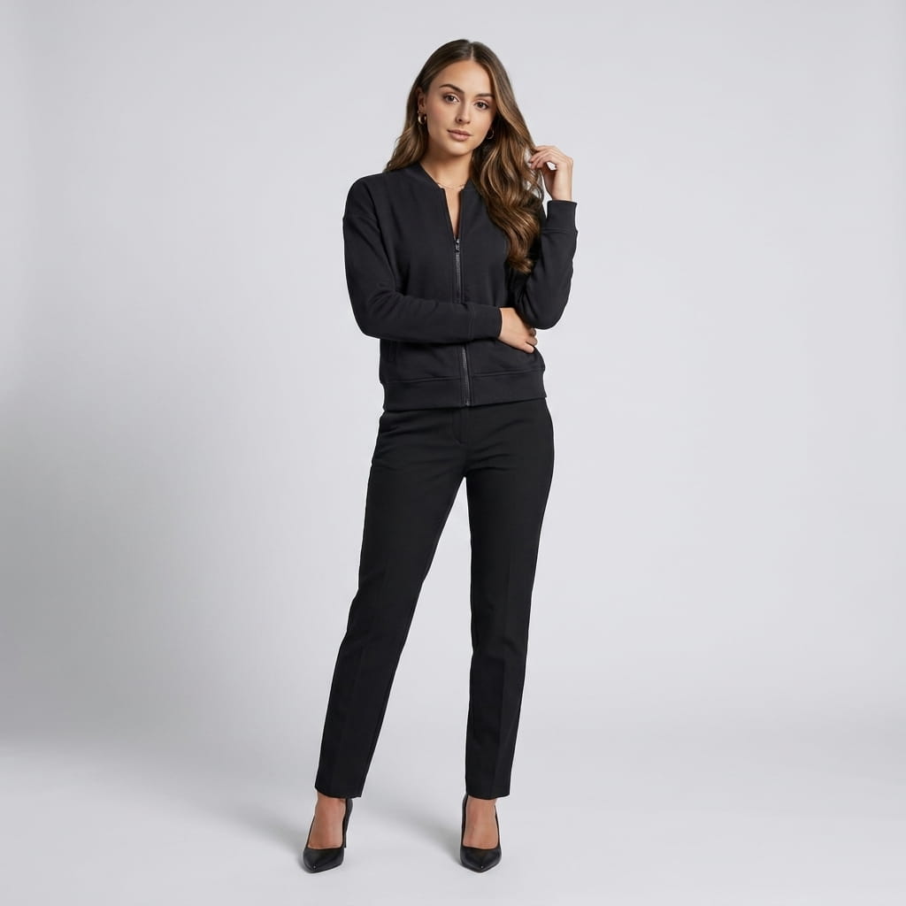 Female model wearing the black zip-up jacket with black trousers and black heels.