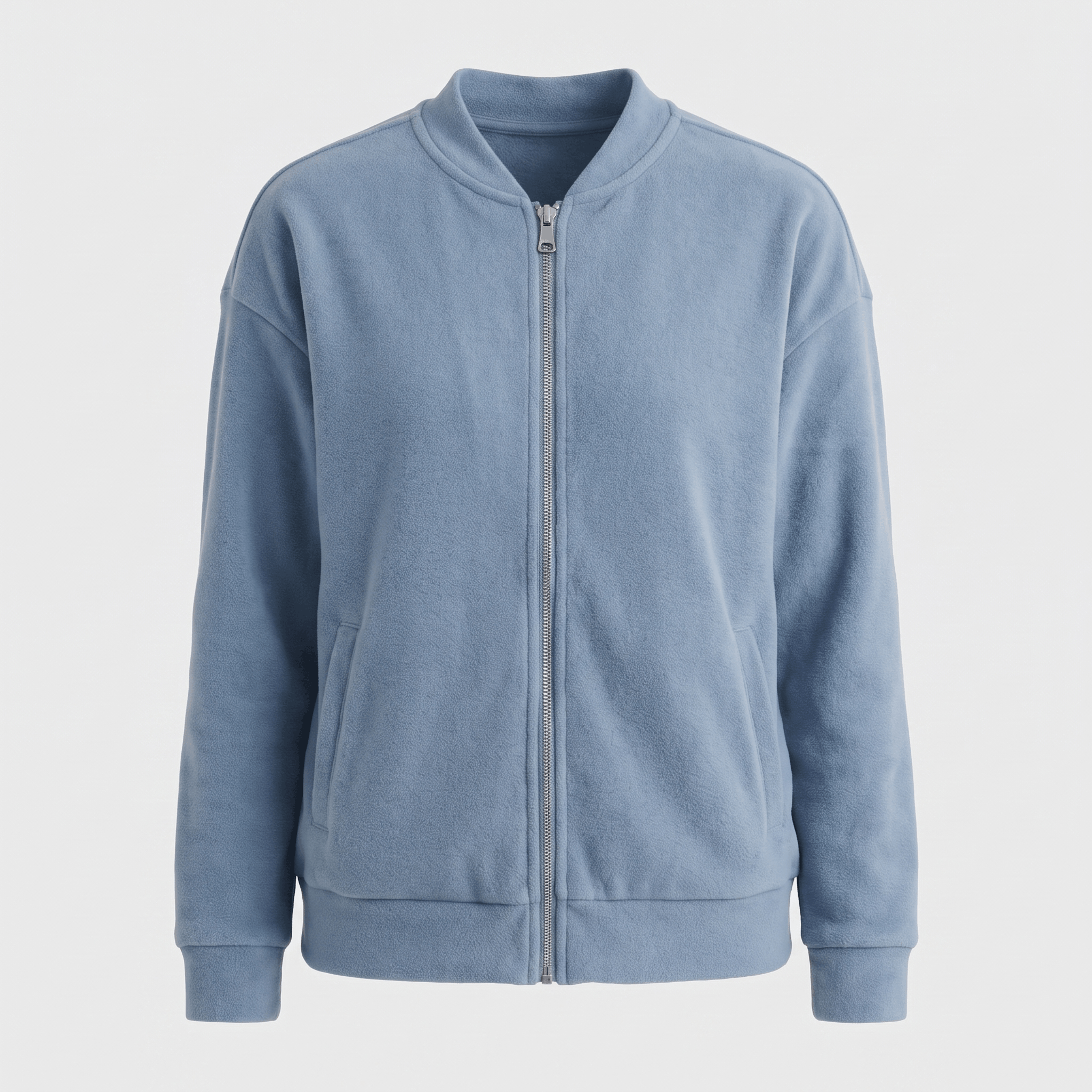 Light blue zip-up jacket with a stand collar, full front zipper, side pockets, and ribbed cuffs and hem.