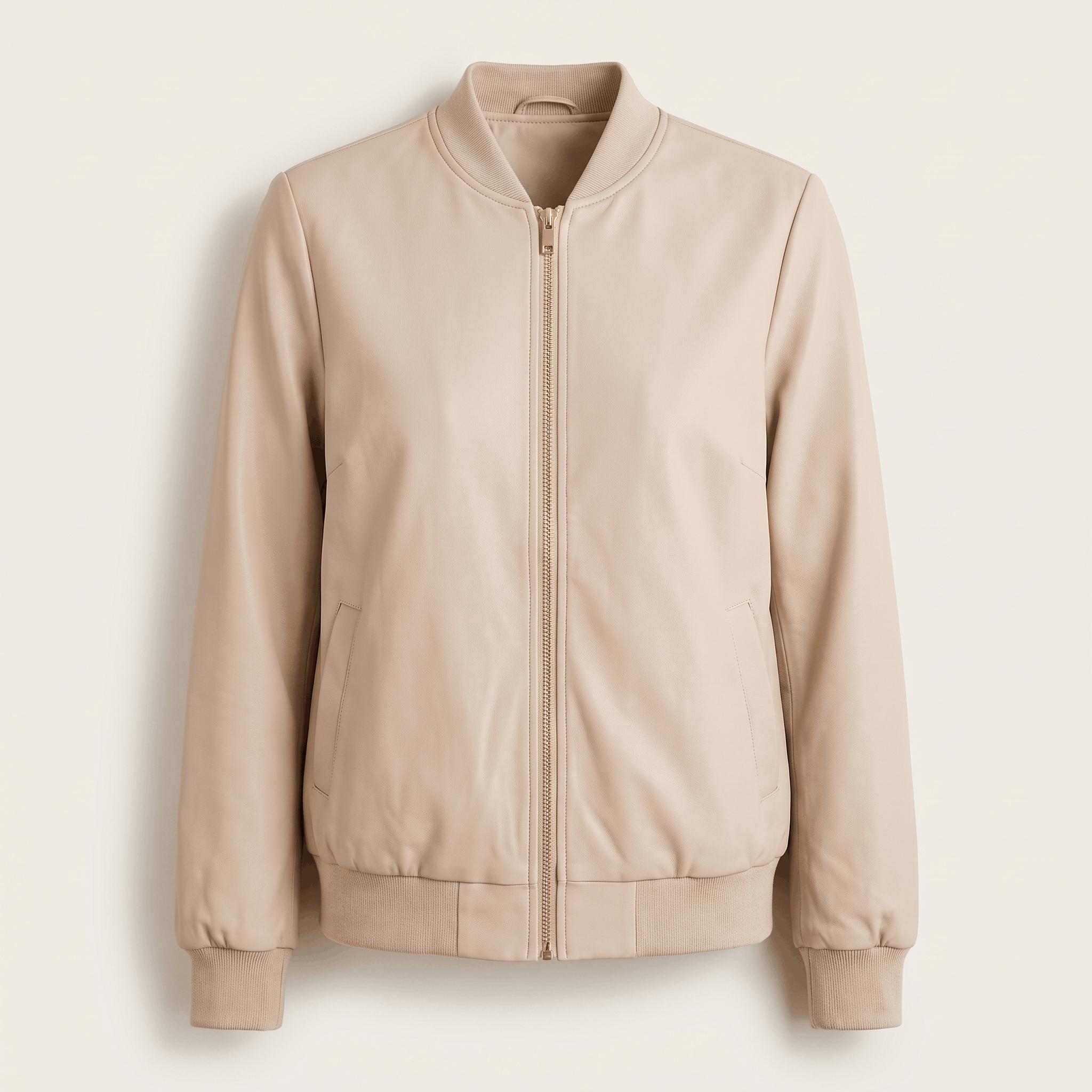 Cream beige zip-up jacket with a stand collar, full front zipper, side pockets, and ribbed cuffs and hem.