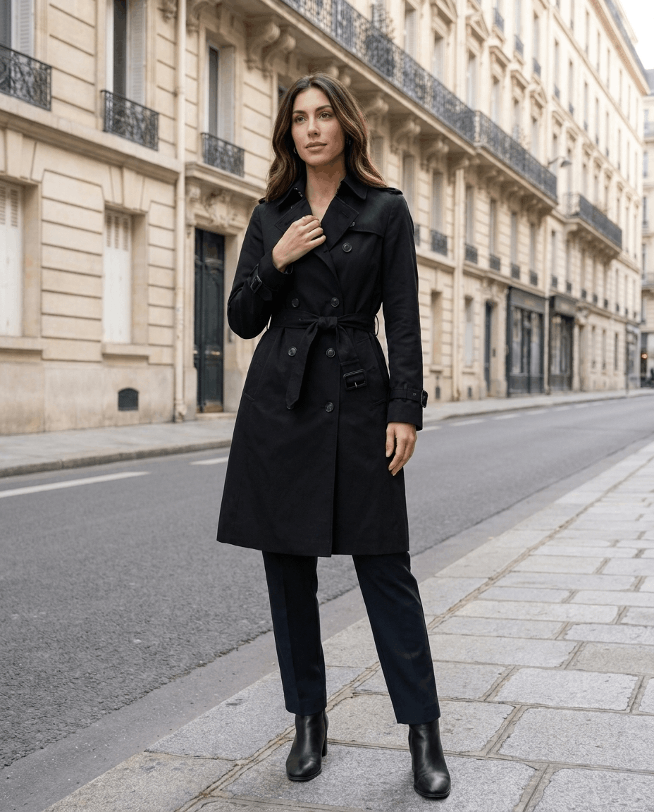A woman wearing a black mid-length trench coat on a Paris street, featuring a belted waist and button front