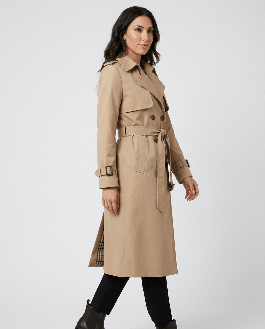 A woman wearing a beige mid-length trench coat with a belted waist and button front