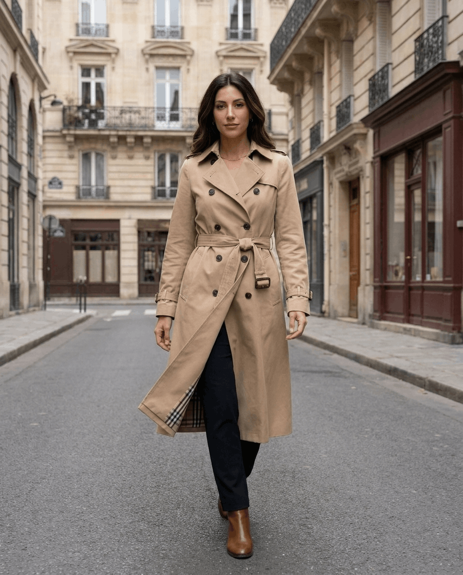 A woman wearing a red mid-length trench coat with a belted waist and button front