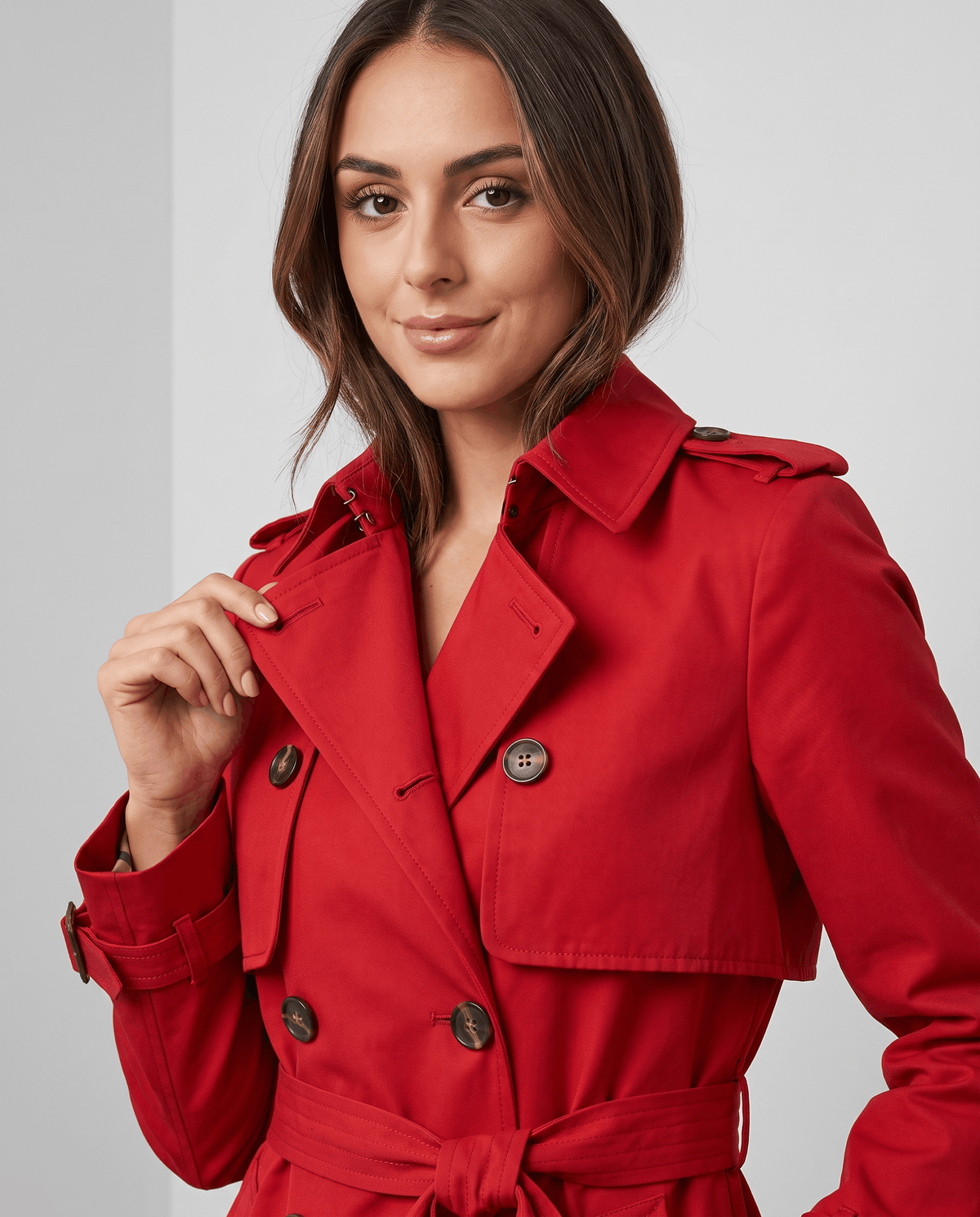 Close-up of a woman wearing a red mid-length trench coat, showing the lapel collar, button front, and belted waist