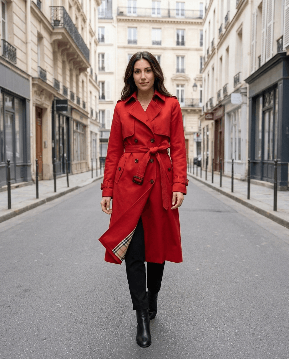 A woman wearing a red mid-length trench coat on a Paris street, featuring a belted waist and button front