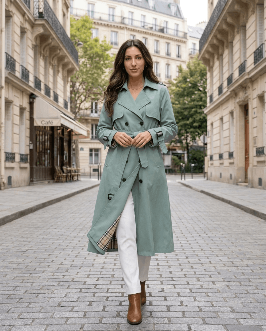 A woman wearing a sage green mid-length trench coat on a Paris street, featuring a belted waist and button front
