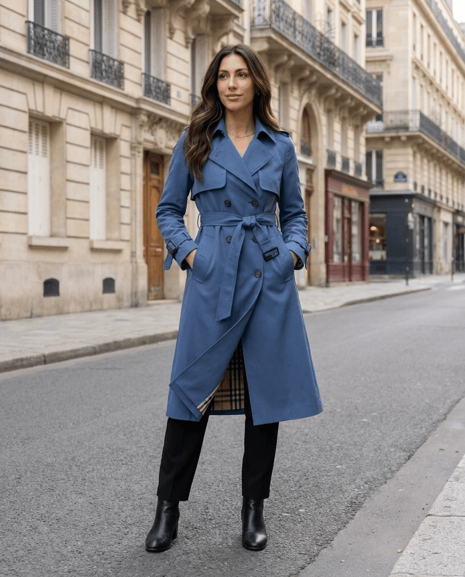 A woman wearing a blue mid-length trench coat on a Paris street, featuring a belted waist and button front