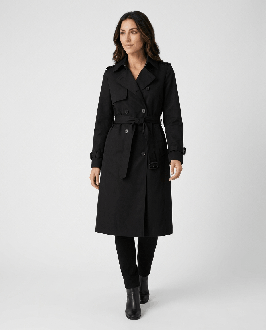 A woman wearing a black mid-length trench coat with a belted waist, button front, and side pockets