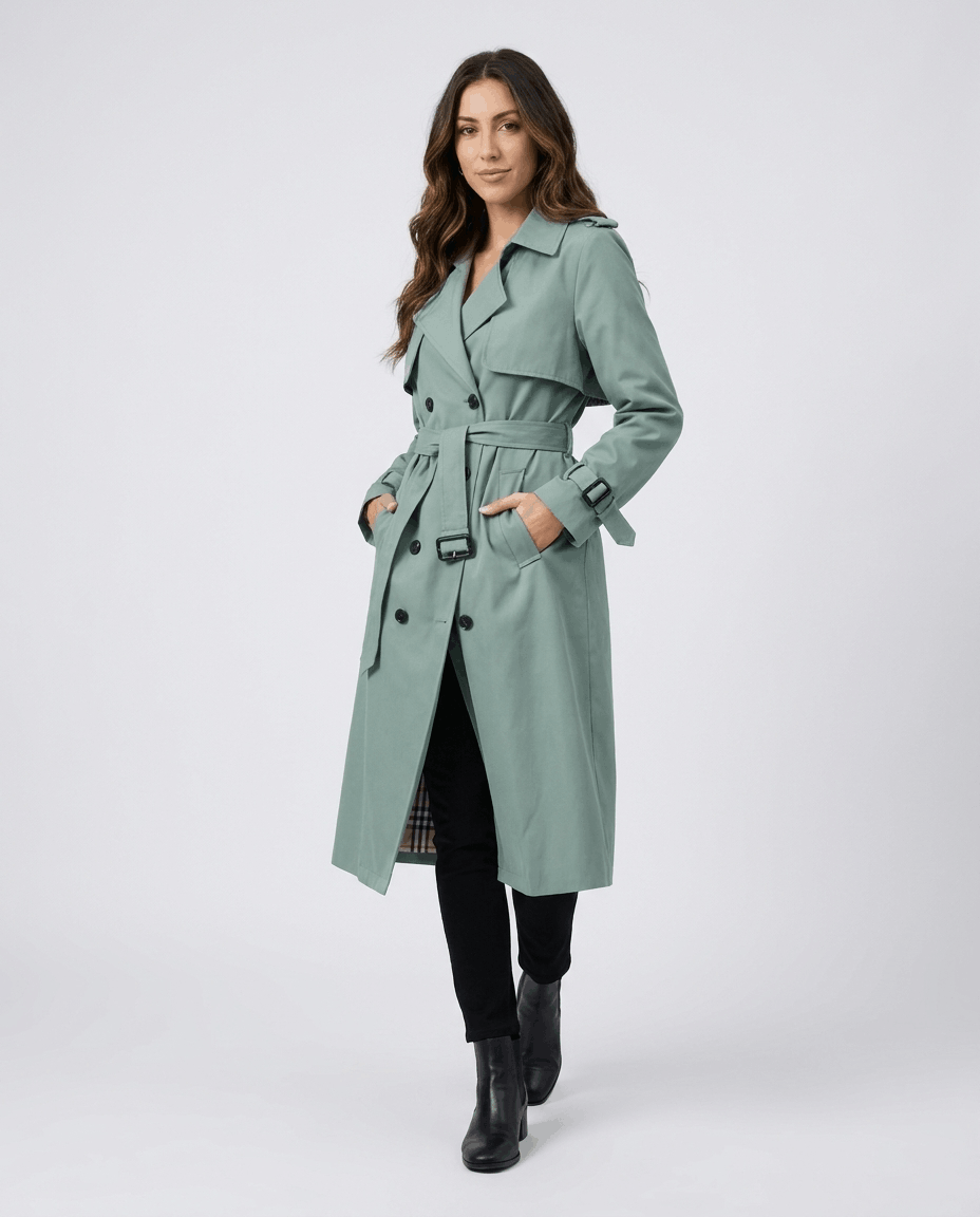 A woman wearing a sage green mid-length trench coat with a belted waist, button front, and side pockets