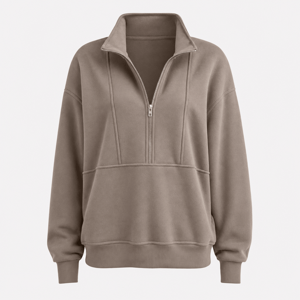 Front product view of the taupe quarter-zip pullover with a raised collar, quarter zipper, and relaxed silhouette.