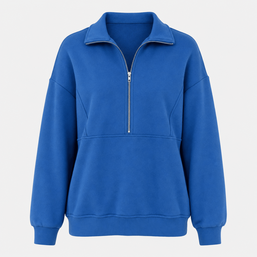 Front product view of the bright blue quarter-zip pullover with a raised collar and quarter zipper.