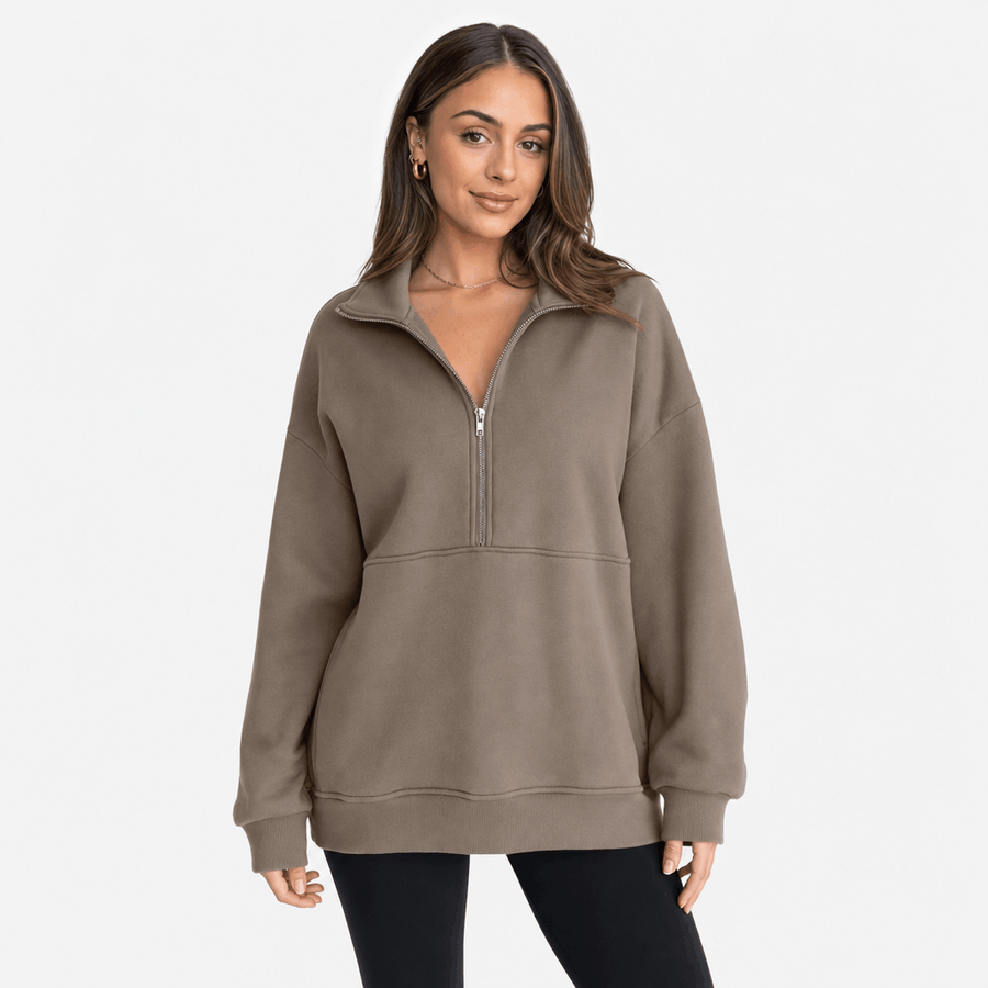 Valeria Oversized Fleece Half Zip Sweatshirt – Folded Collar Kangaroo Pocket Drop Shoulder Pullover