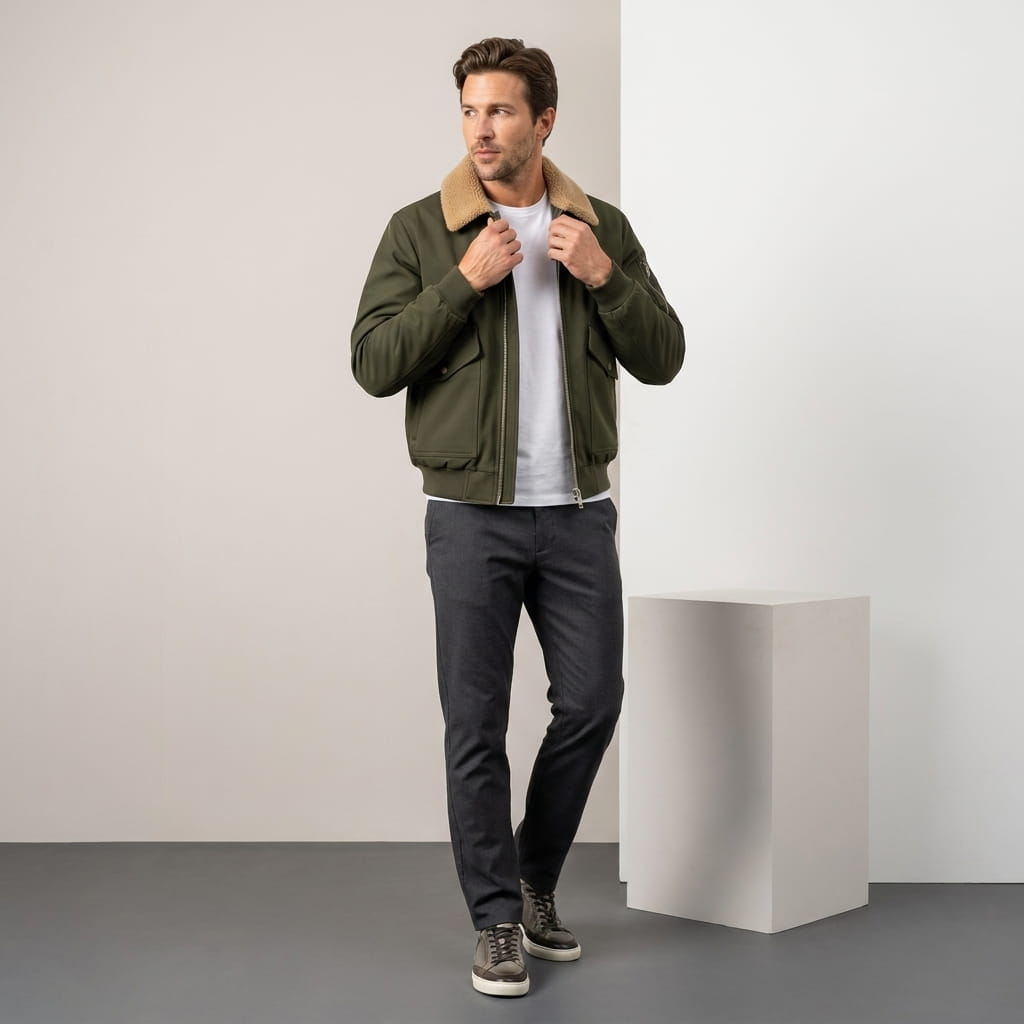 Male model wearing a olive green bomber jacket with a contrasting shearling-style collar.