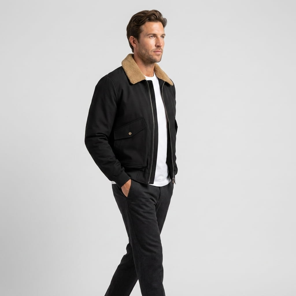 Male model wearing a black bomber jacket with a contrasting shearling-style collar.