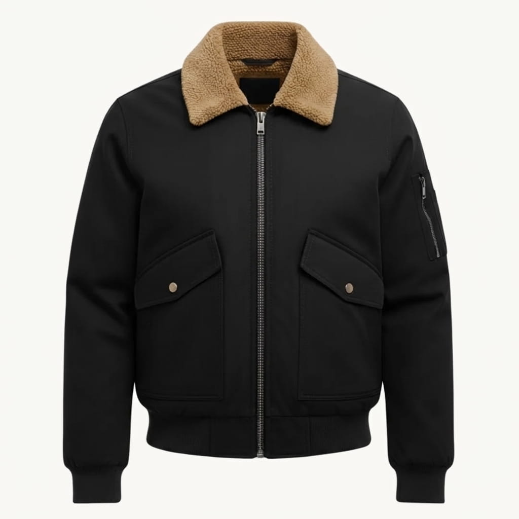 Black bomber jacket with a contrasting shearling-style collar, full front zipper, buttoned chest pockets, and ribbed cuffs and hem.