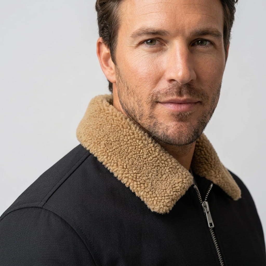 Detailed front view of the black bomber jacket, highlighting the contrasting shearling-style collar and zipper.