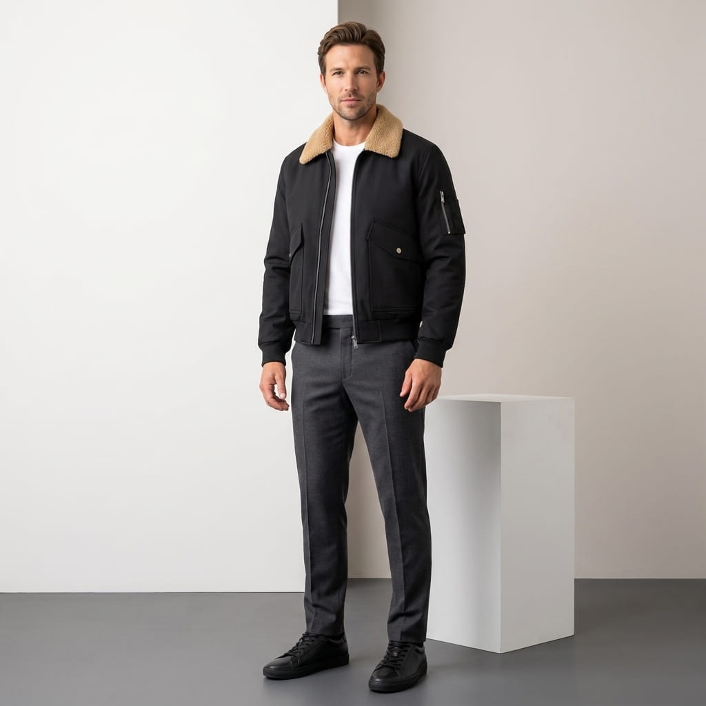 Male model wearing the black bomber jacket with dark trousers and brown shoes.