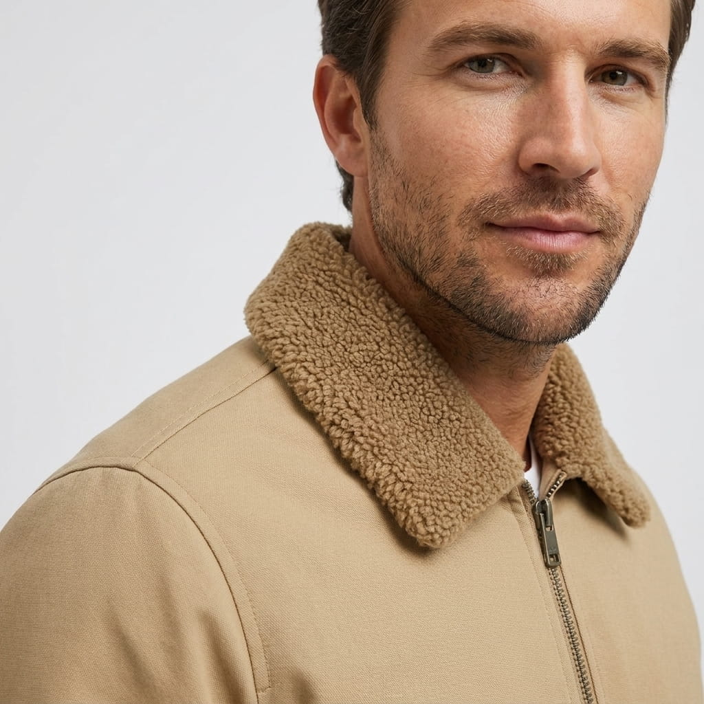 Detailed view of the beige jacket, highlighting the contrasting shearling-style collar, zipper, and chest area.