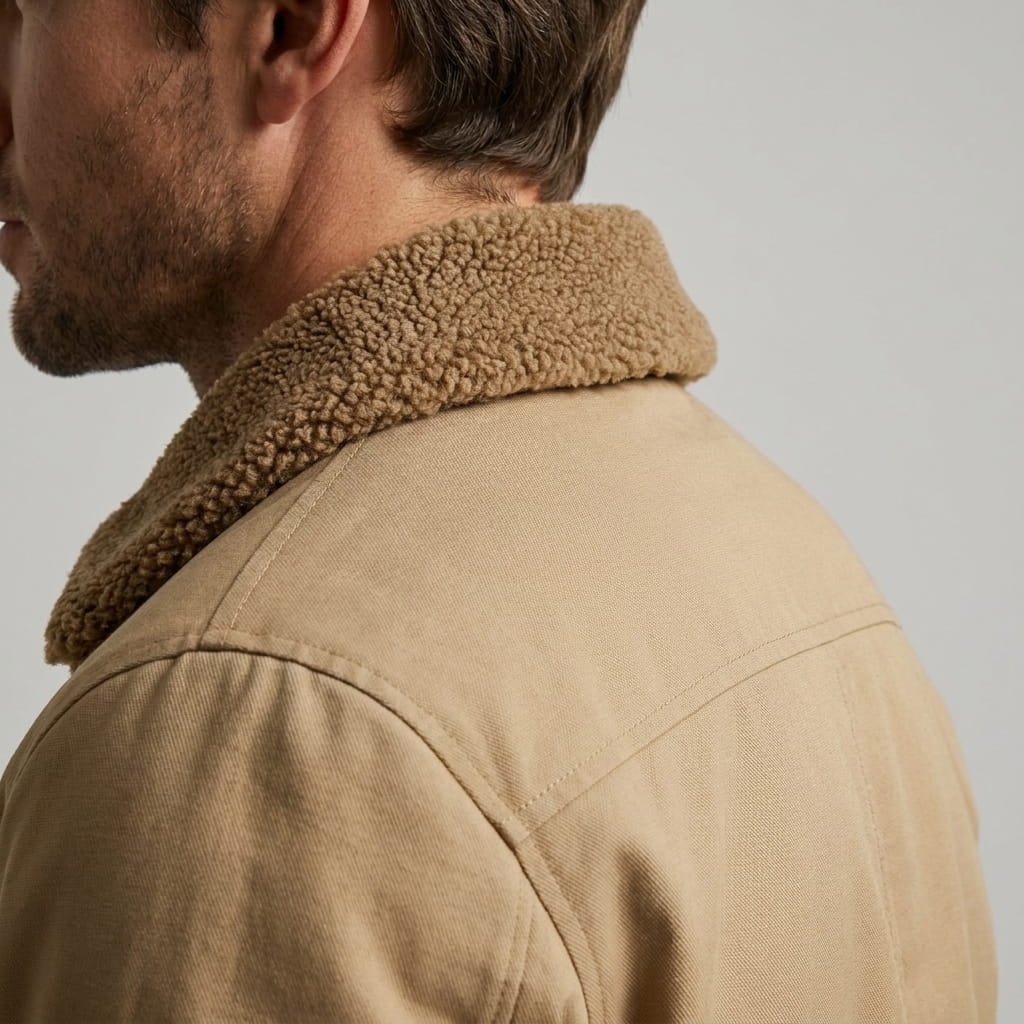 Close-up back and side view of the beige jacket, showing the contrasting collar and shoulder seams.