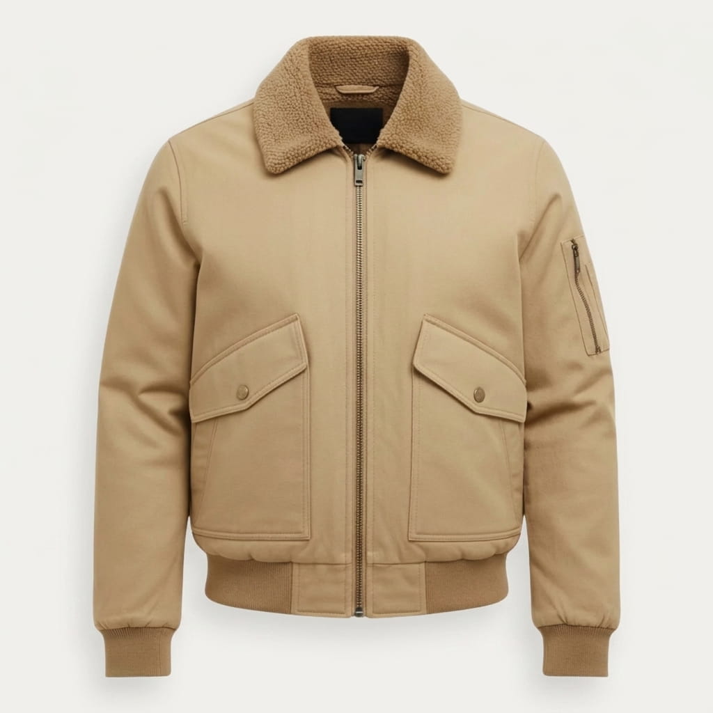 Beige bomber jacket with a contrasting shearling-style collar, full front zipper, buttoned chest pockets, and ribbed cuffs and hem.