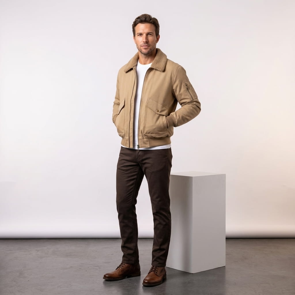 Male model wearing the beige bomber jacket with dark trousers and brown shoes.