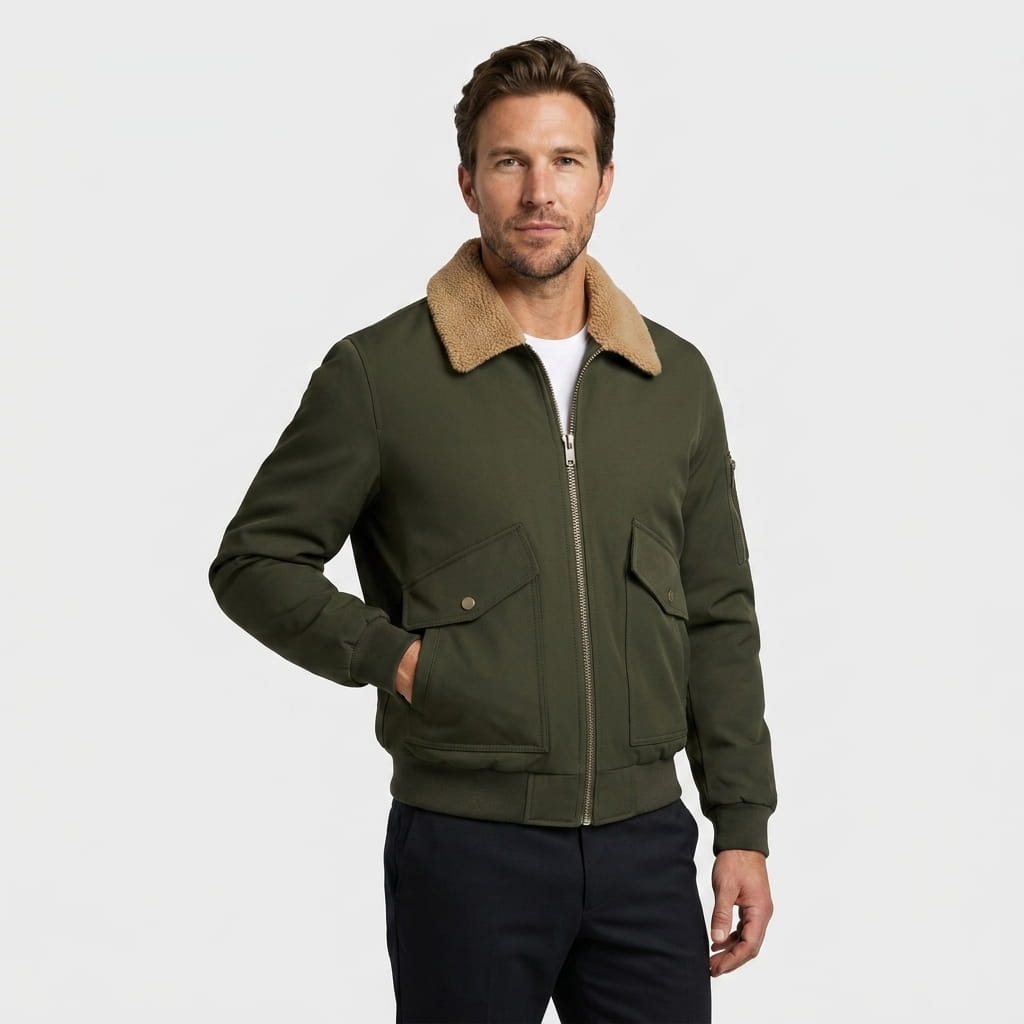 Male model wearing an olive green bomber jacket with a contrasting shearling-style collar.