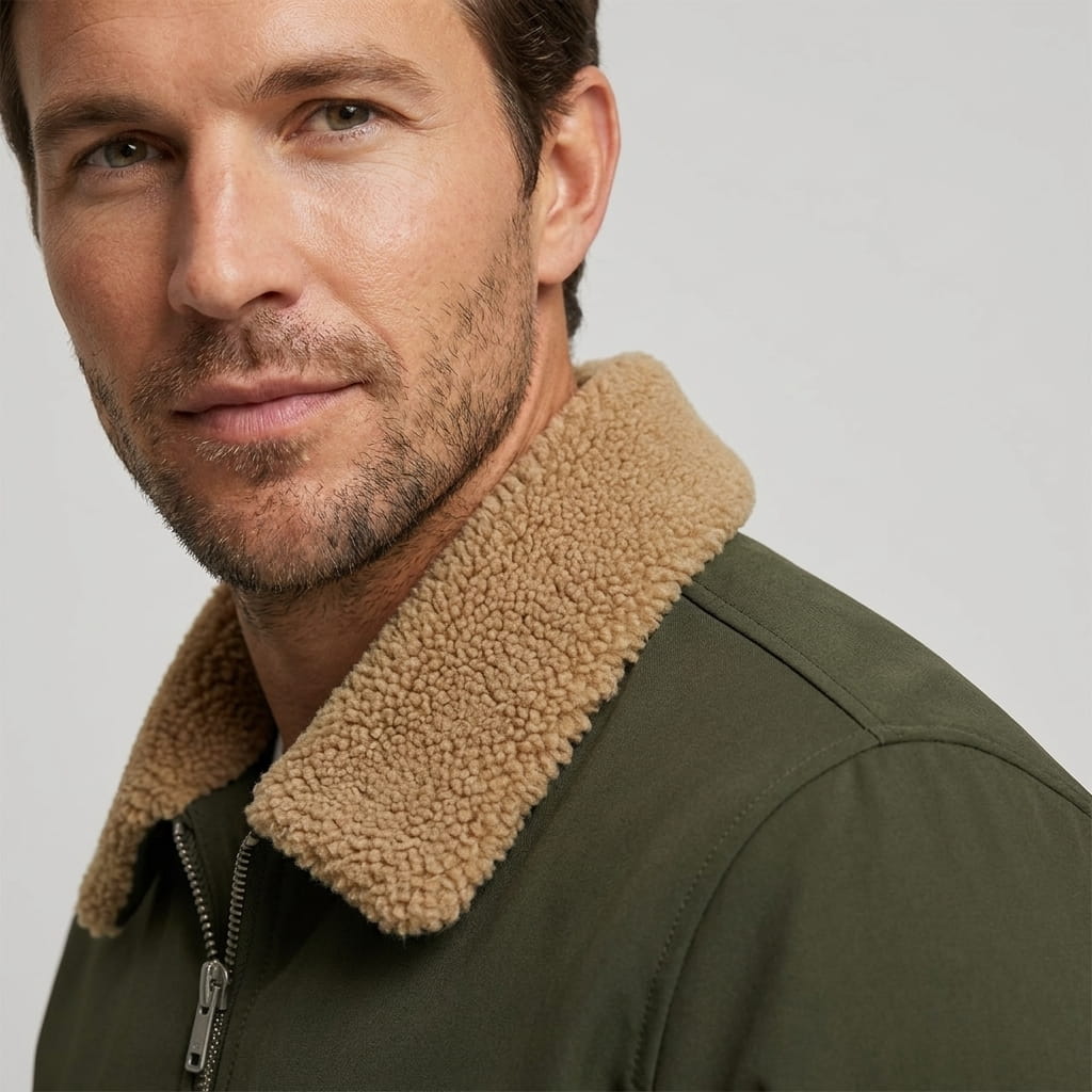 Detailed view of the olive green jacket, highlighting the contrasting collar, zipper, and upper chest.