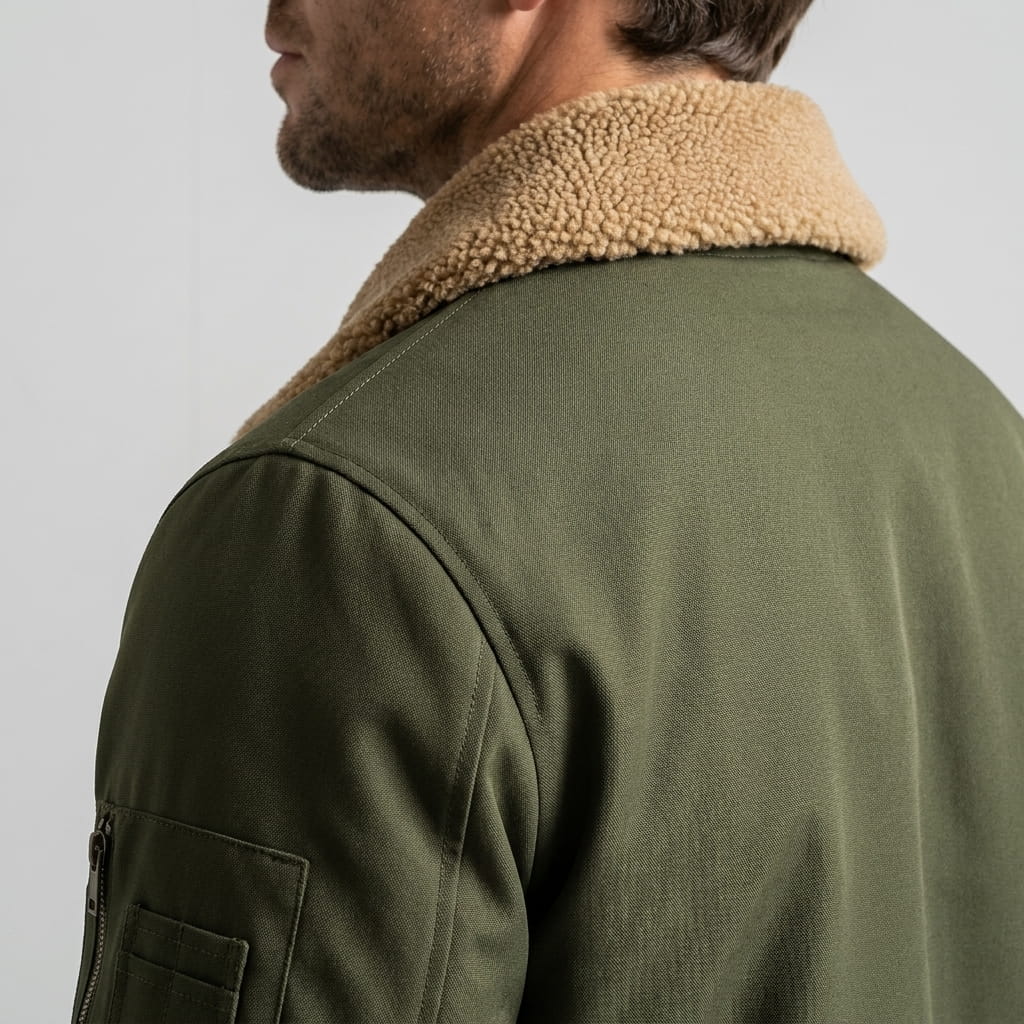 Close-up back and side view of the olive green jacket, showing the contrasting collar and shoulder seams.
