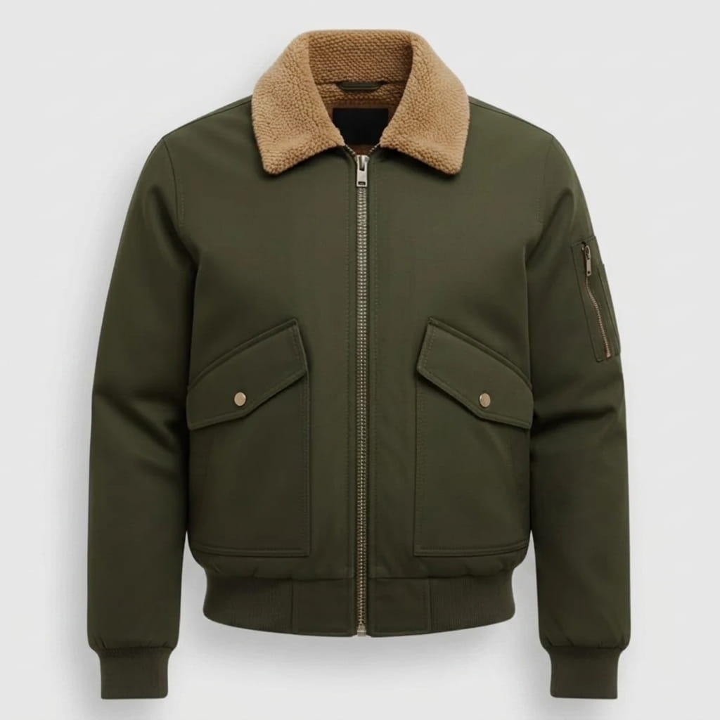 Olive green bomber jacket with a contrasting shearling-style collar, full front zipper, buttoned chest pockets, and ribbed cuffs and hem.