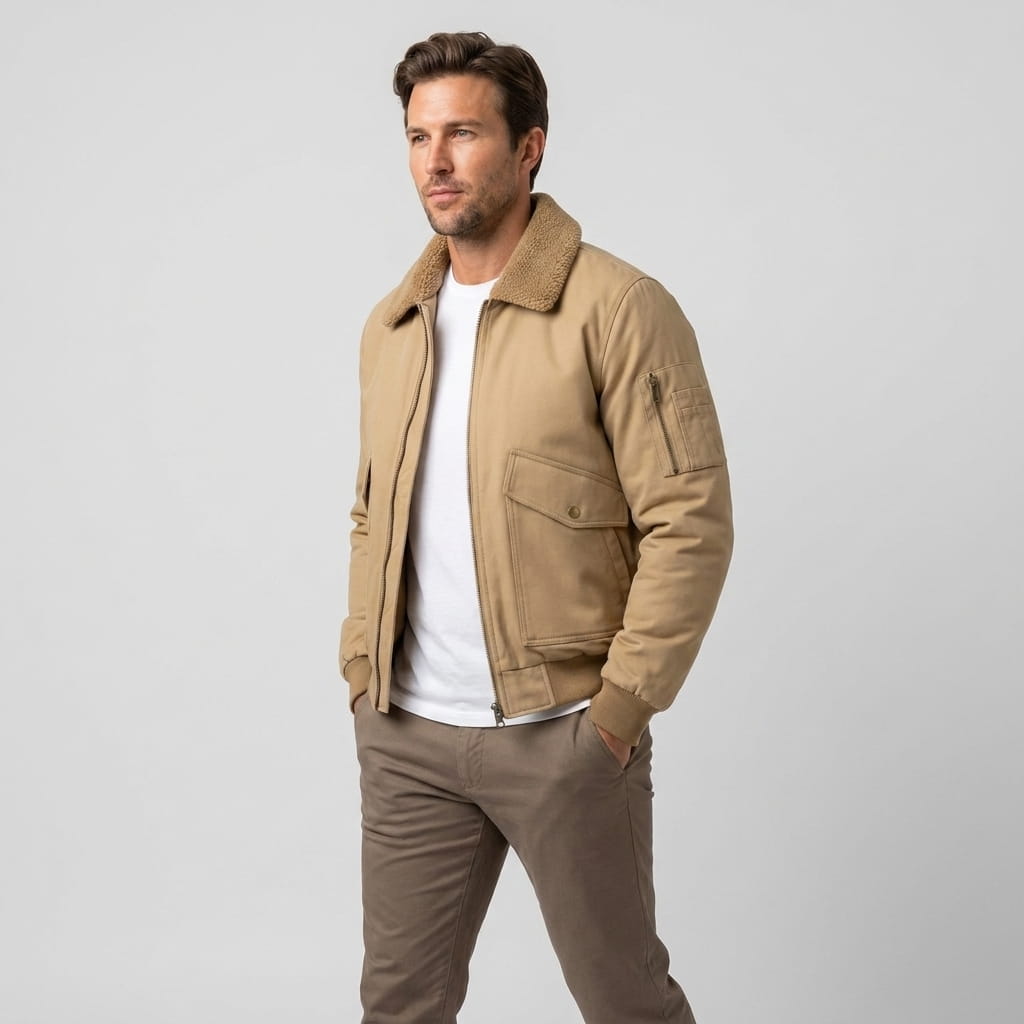 Male model wearing a beige bomber jacket with a contrasting shearling-style collar, buttoned chest pockets, and a sleeve pocket, paired with a white shirt and brown trousers.
