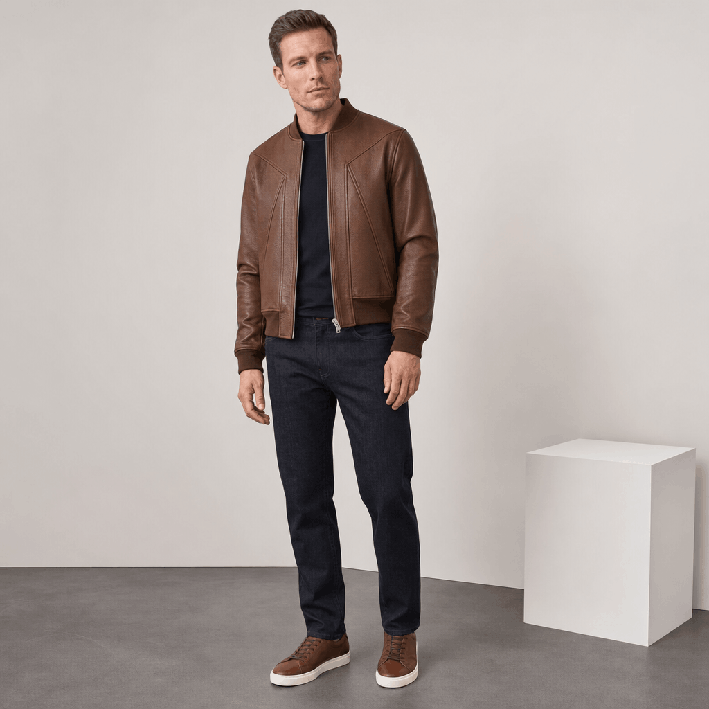 Vincent Leather Bomber Jacket – Cropped Boxy Pebbled Grain Baseball Collar Panel Cover-Up