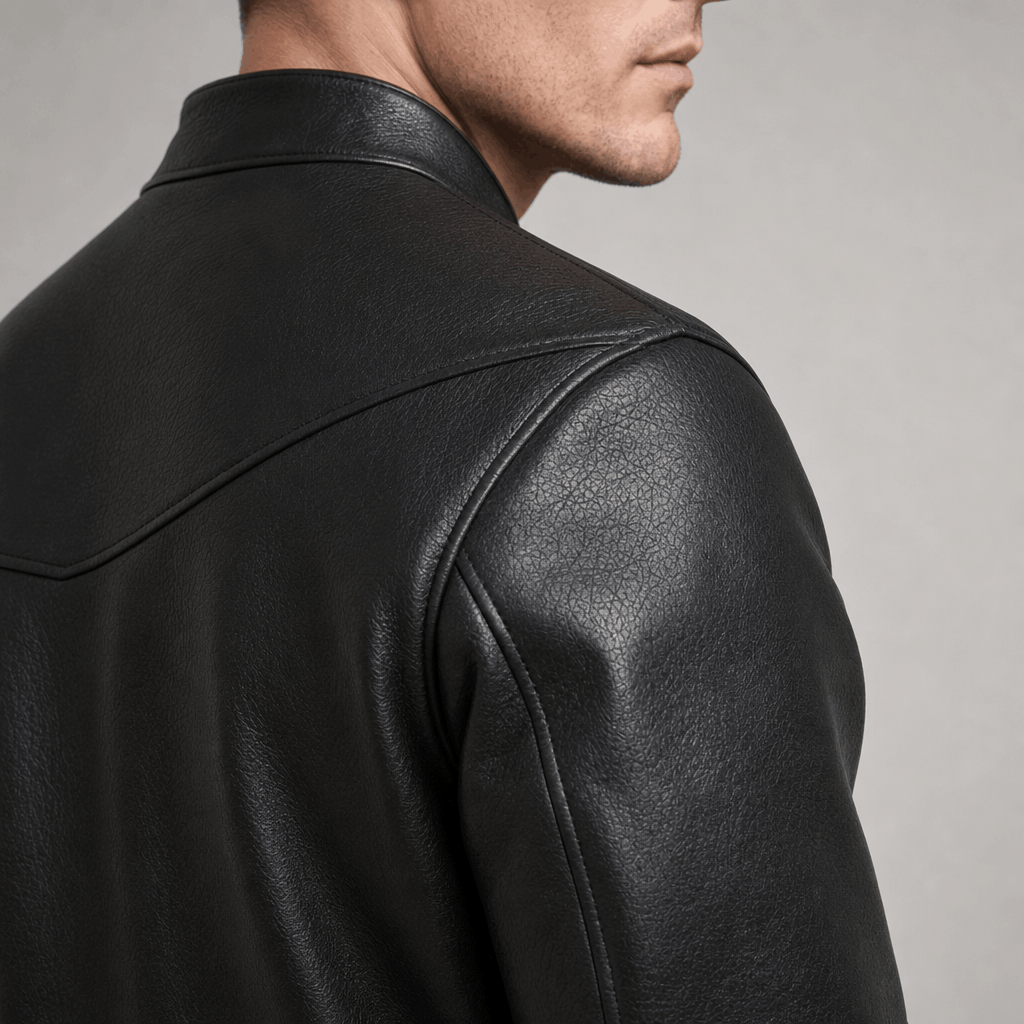 Close-up back and side view of the black leather-style jacket, highlighting the shoulder seams and stand collar.