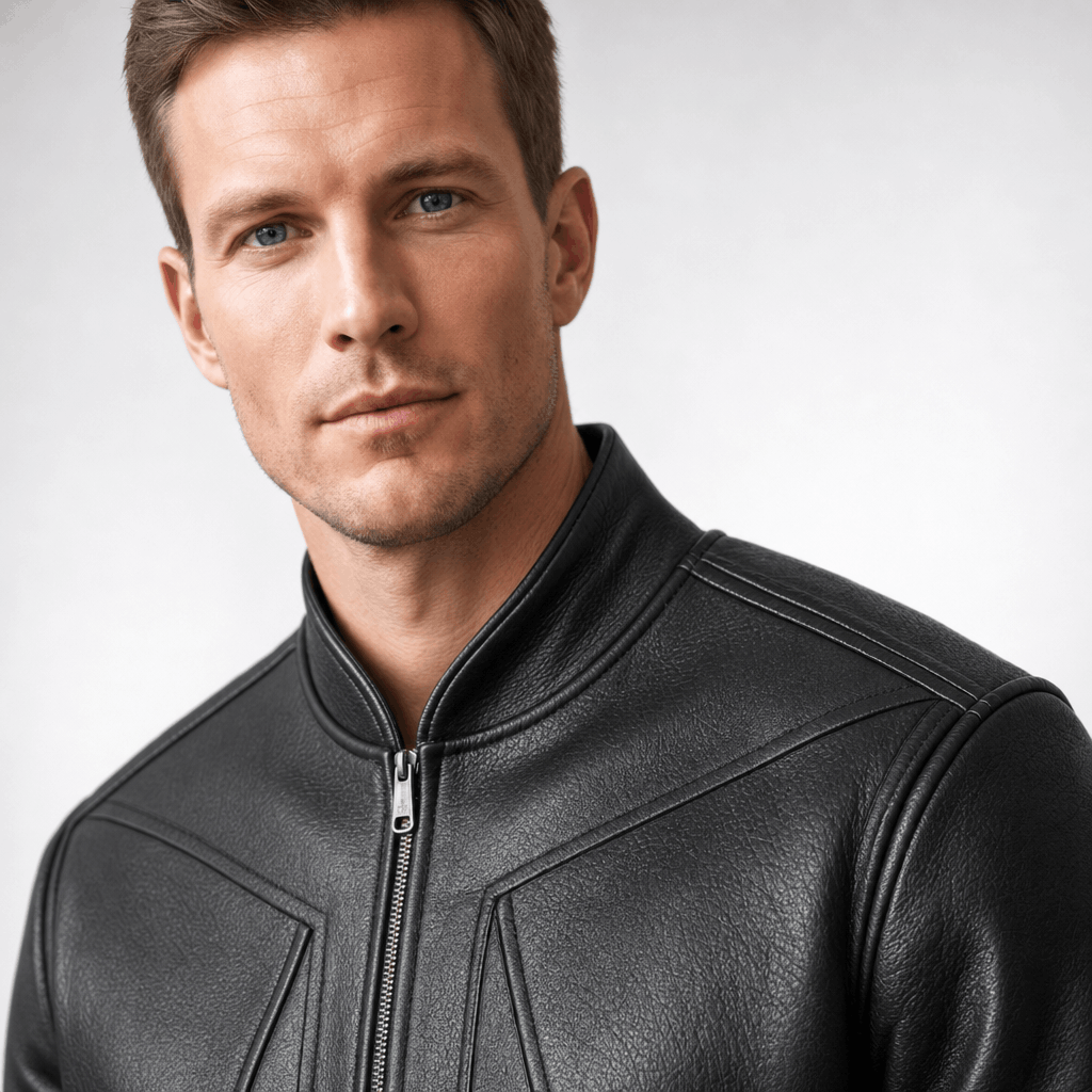 Detailed front view of the black leather-style jacket, showing the zipper, collar, and stitched panel details.