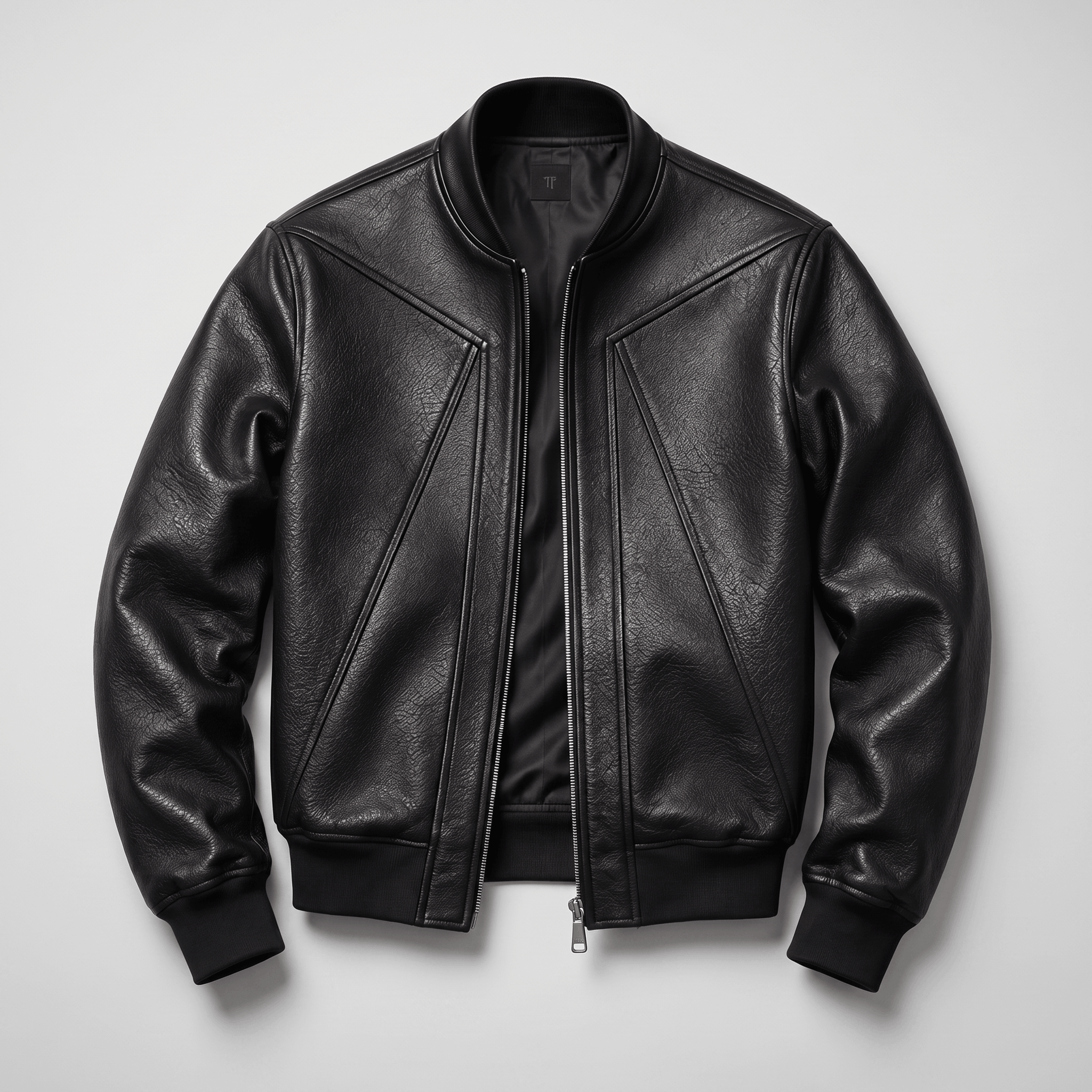 Black leather-style zip-up jacket with a stand collar, zippered pockets, ribbed cuffs, and stitched panel detailing.