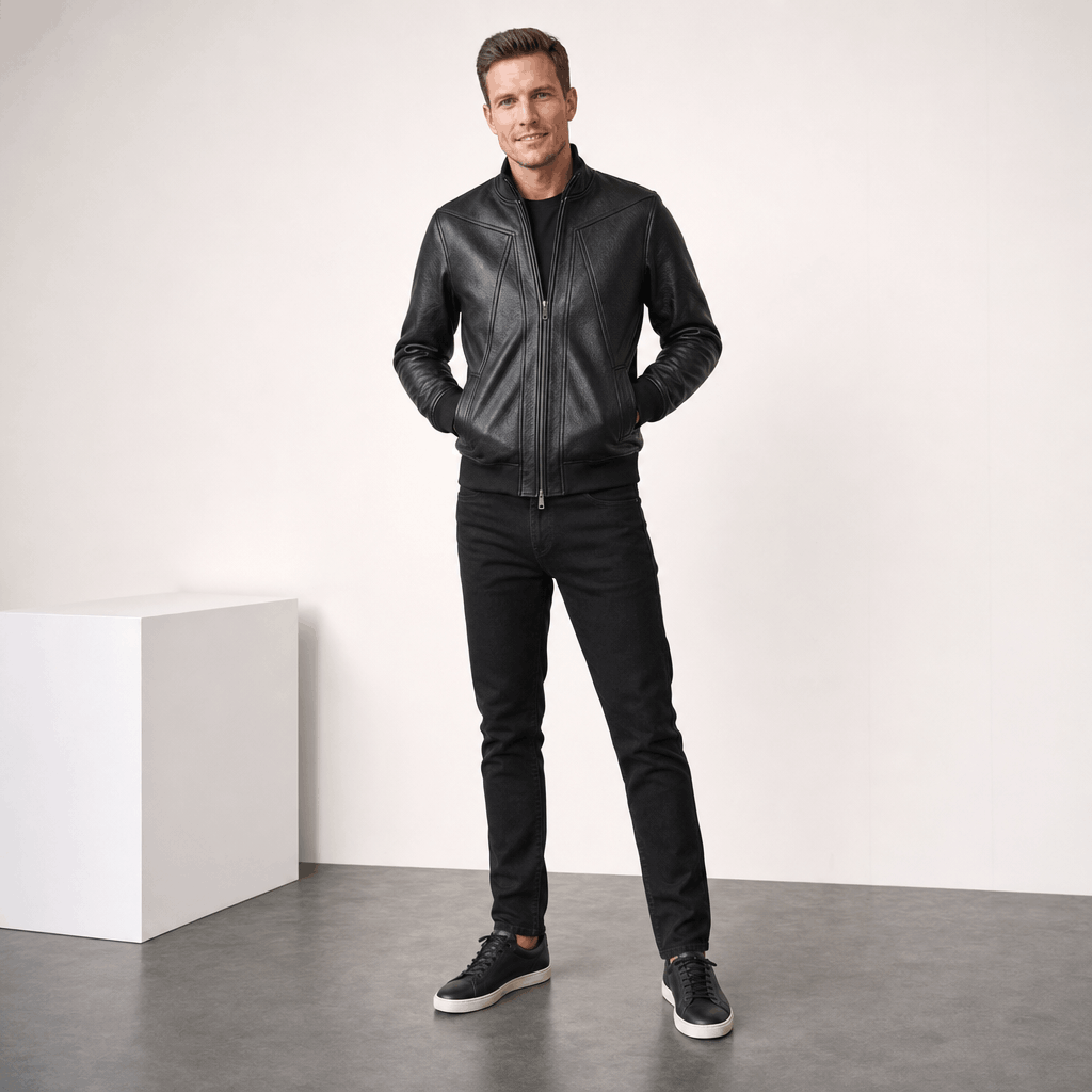 Male model wearing the black leather-style jacket with black trousers in a studio setting.