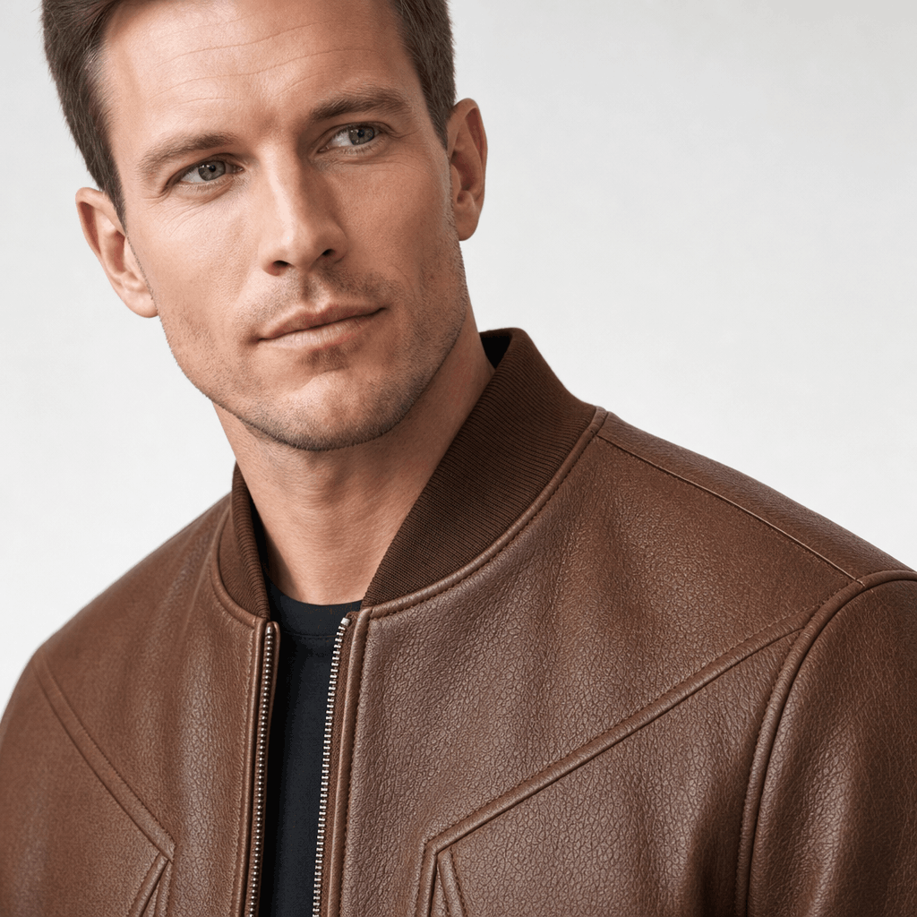 Detailed front view of the brown leather-style jacket, highlighting the stand collar, zipper, and stitched seams.