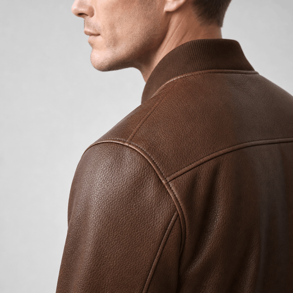 Close-up back and side view of the brown leather-style jacket, showing the shoulder seams and collar.