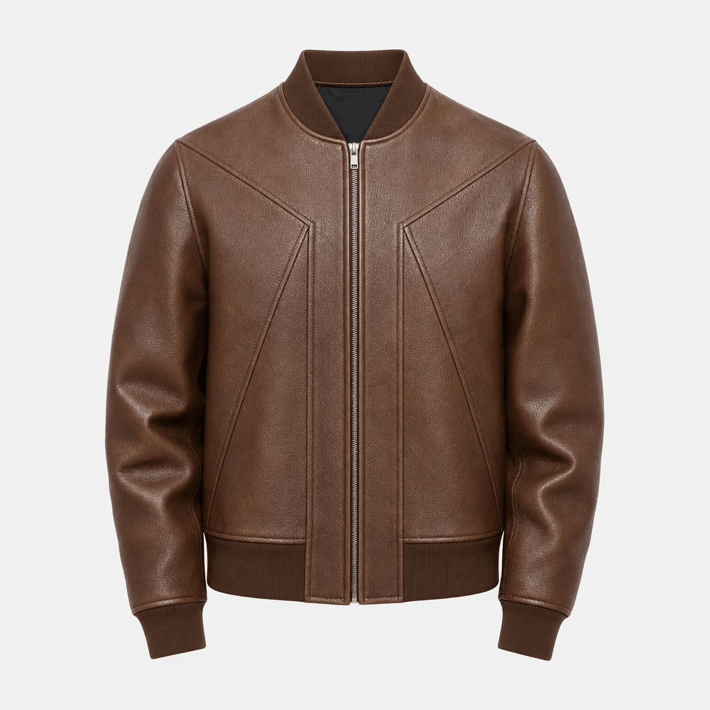 Male model wearing the brown leather-style jacket with dark jeans and brown shoes.