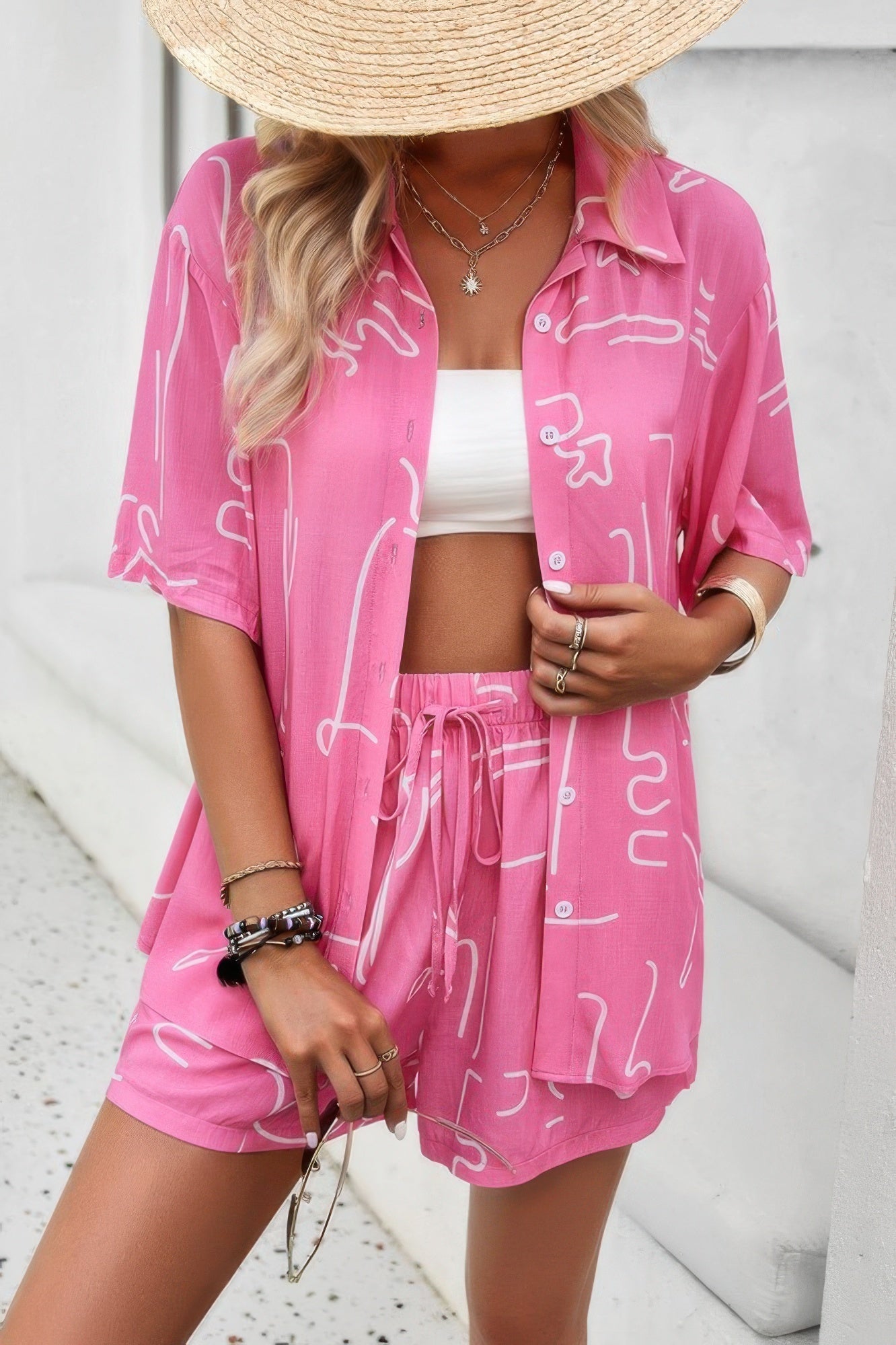 Lyra Lightweight Printed Two Piece – Elastic Waist Button Up Summer Set