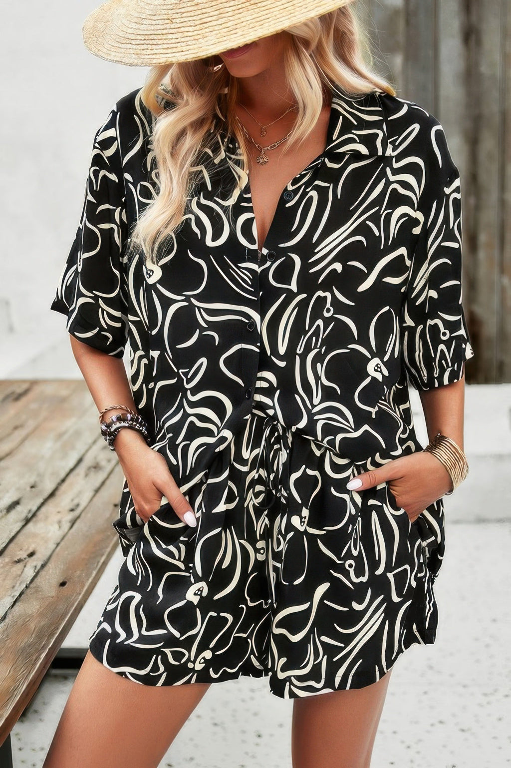 Lyra Lightweight Printed Two Piece – Elastic Waist Button Up Summer Set