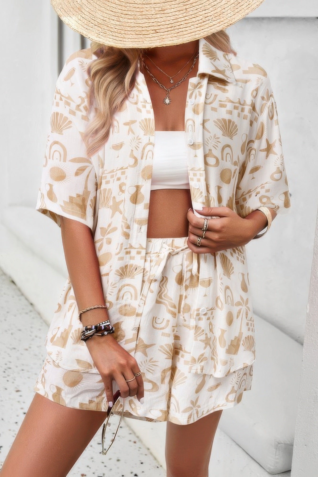 Lyra Lightweight Printed Two Piece – Elastic Waist Button Up Summer Set