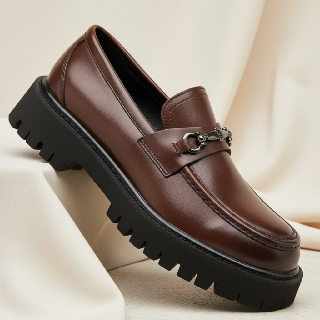 Valentino Leather Thick Sole Slip-On Loafers – Metal Detail Smart Dress Shoes